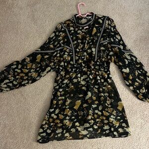 Topshop Nordstrom Black and Gold patterned dress with tiny silver beading